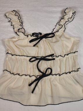 Sugarkiss Ivory Ruffle Tank Top with Black Trim and Bows Size Large